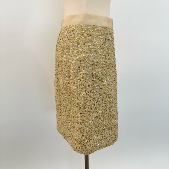 Kate Spade Sequin Tweed Gold Metallic Mini Pencil Skirt | Size 4 - Picture 2 of 10